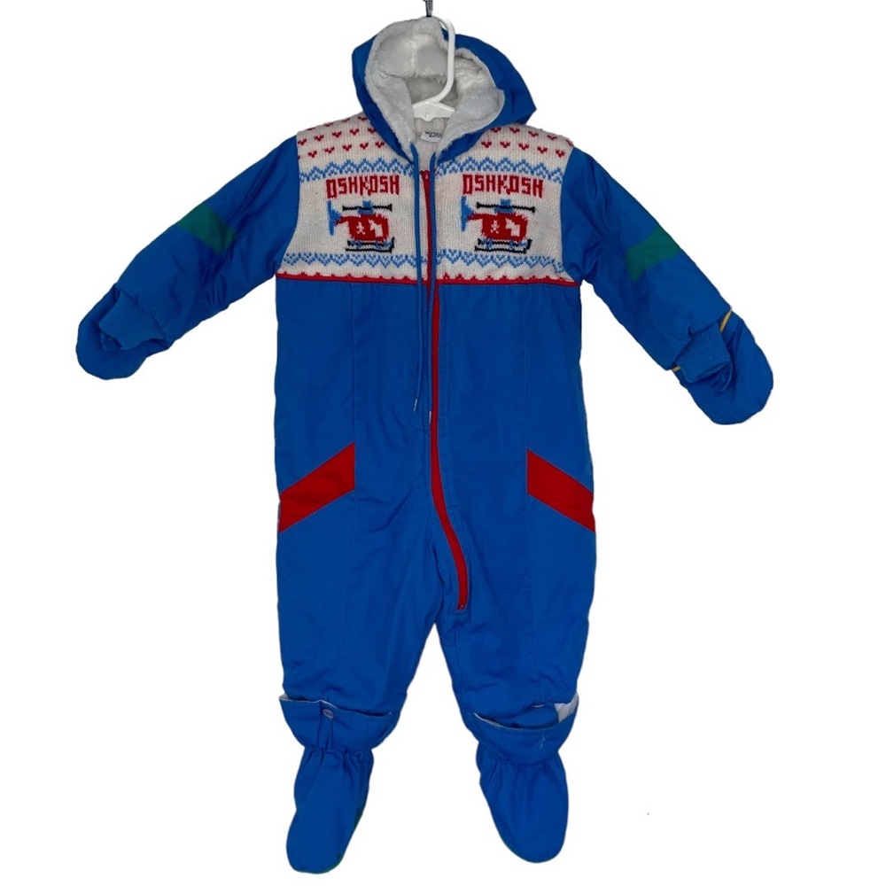 Vintage Osh Kosh Blue Red Winter Snowsuit Outfit Embroidered 18M Toddler Play